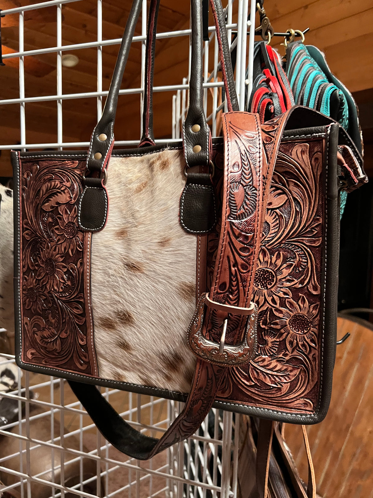 Sunflower Western Tooled Leather Cowhide Purse Tote Bag