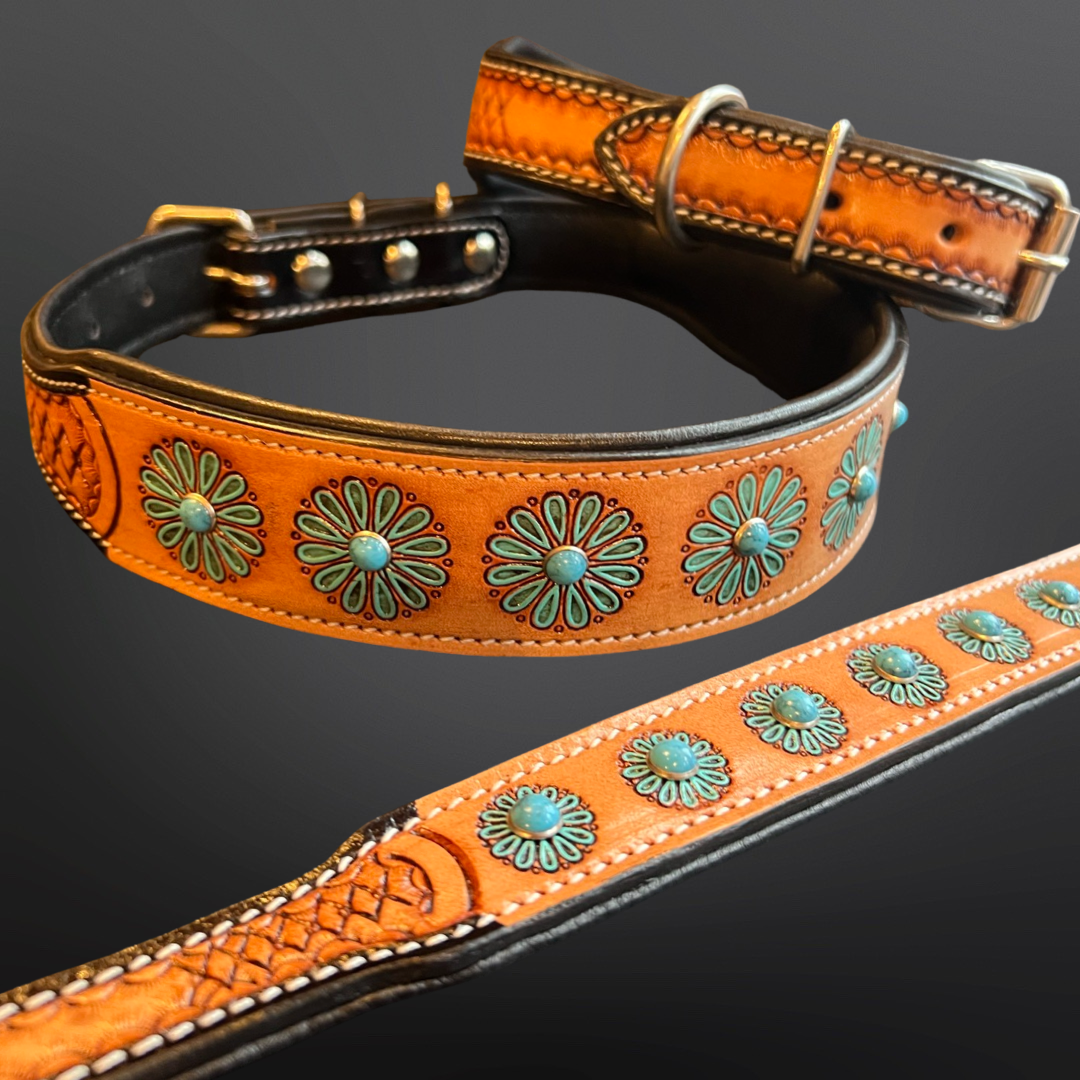 Santa Fe - Faux Turquoise Beaded Western Tooled Leather Dog Collar