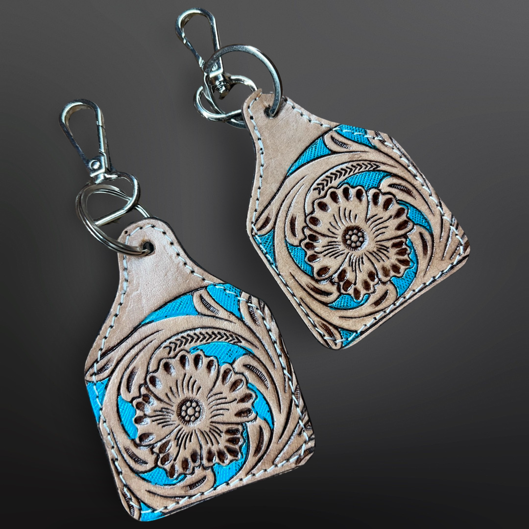 Turquoise Painted Tooled Leather Cow Ear Tag Keychain