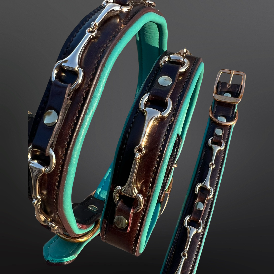 Equestrian Brass Snaffle Bit Leather Dog Collar - Turquoise Padding