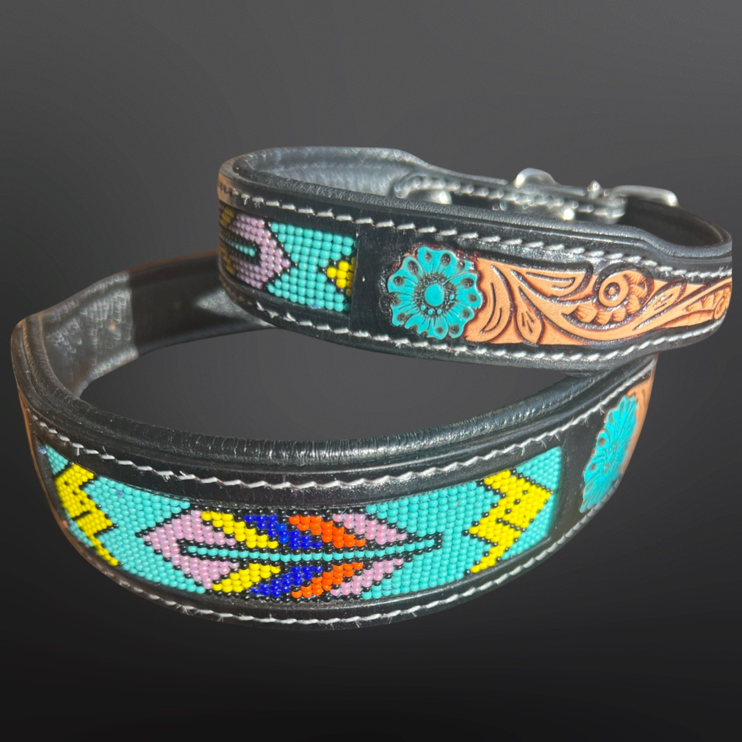 Tooled Leather Turquoise Beaded Painted Western Dog Collar