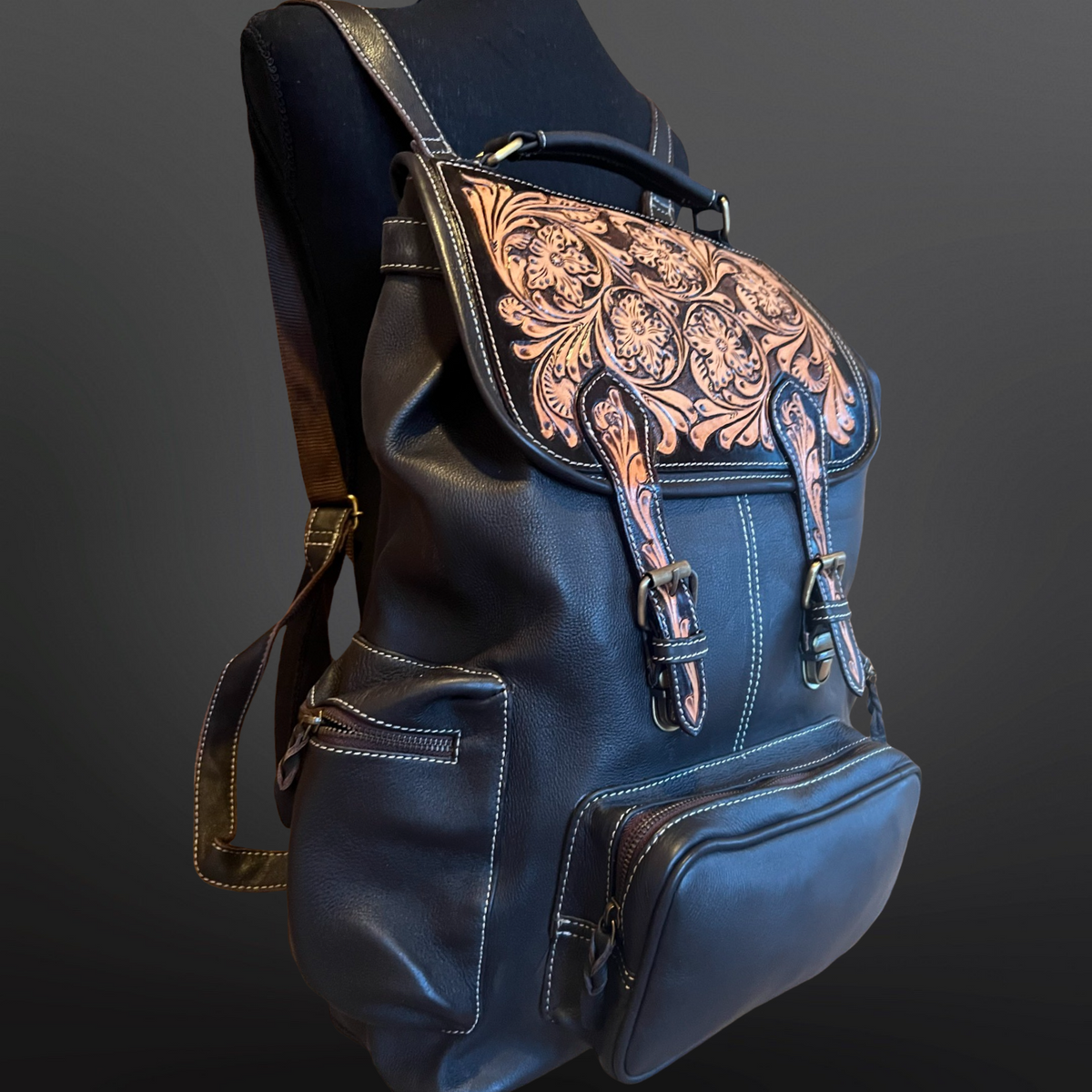 Western Tooled Leather Backpack - Large