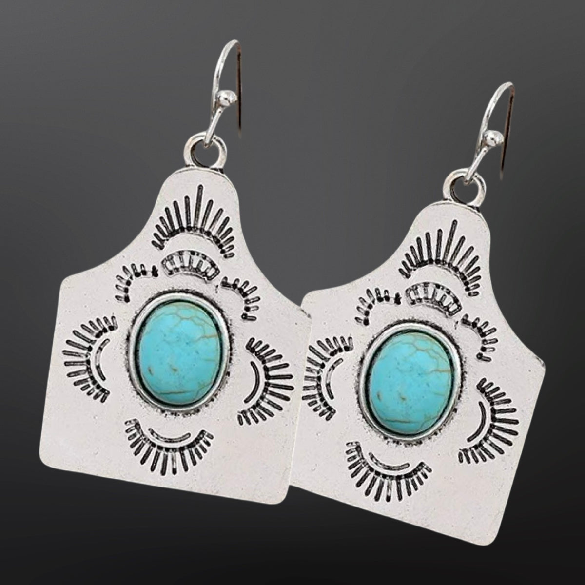 Cow Tag Faux Turquoise Silver Western Earrings