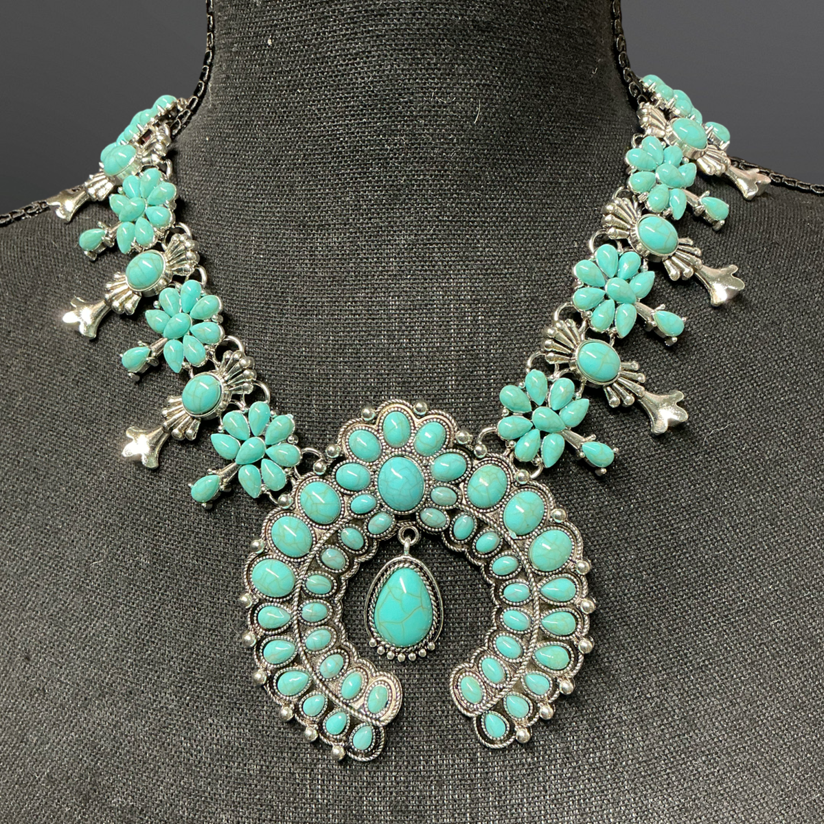 Faux Turquoise Squash Blossom Necklace