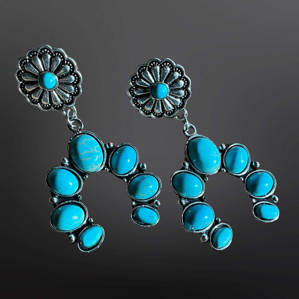 Faux Turquoise Naja Squash Blossom Earrings