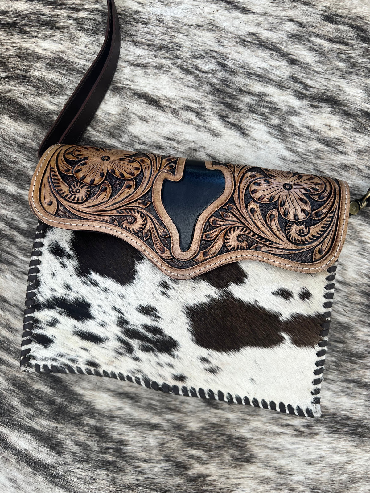 Abstract Tooled Leather Cowhide Fringe Purse - Lonestar