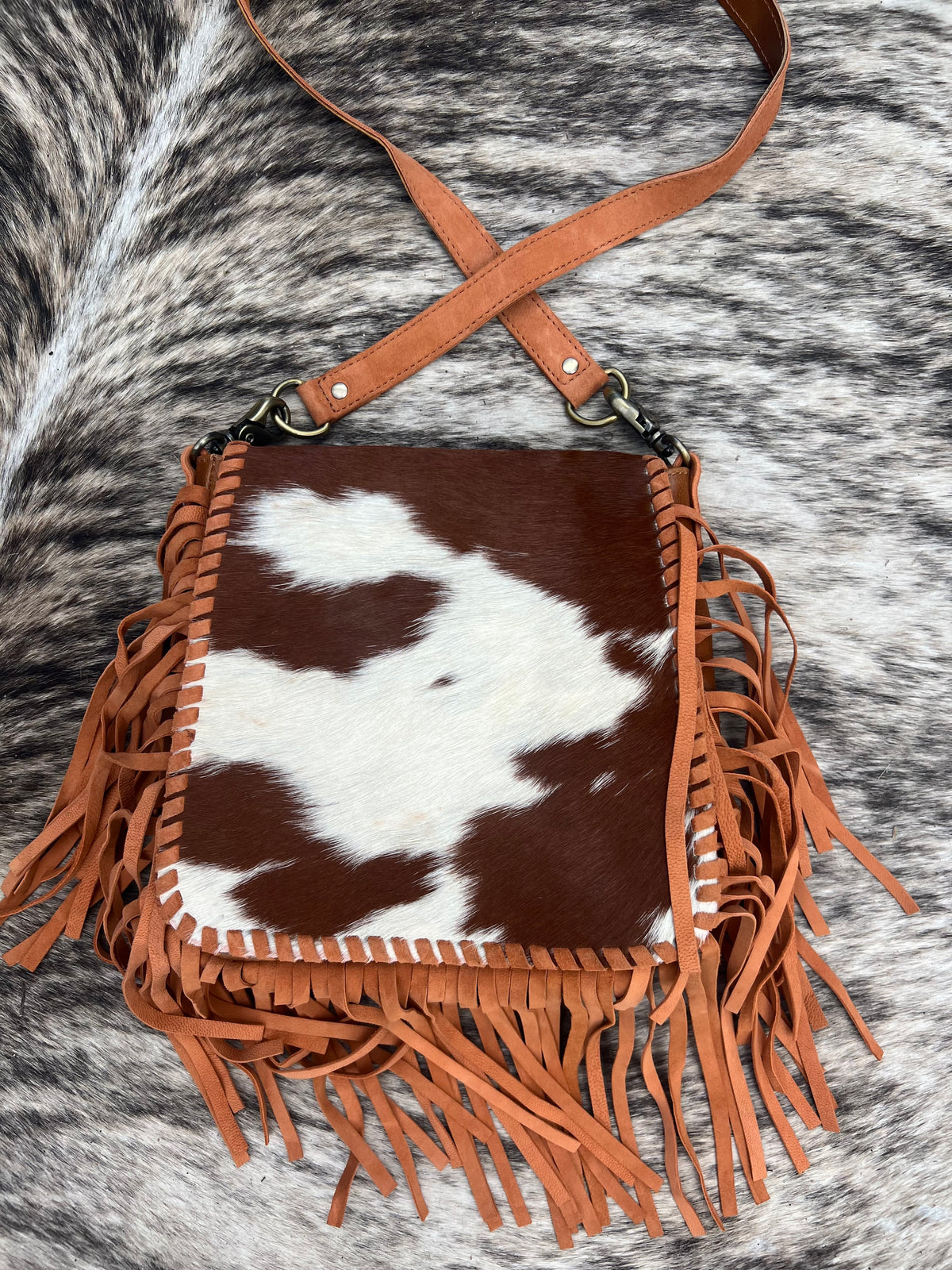 Fringe cowhide leather flap crossbody purse