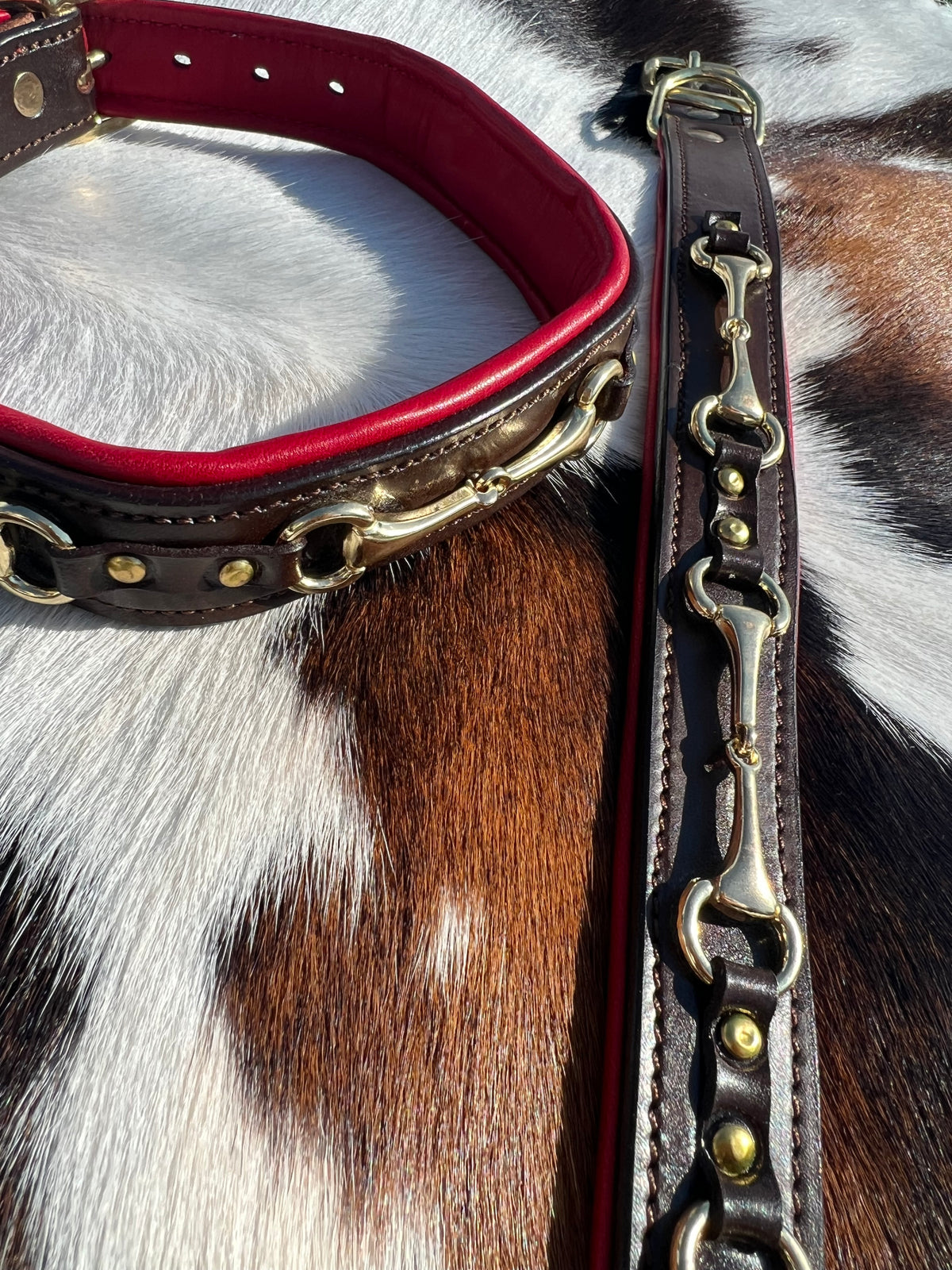 English Brass Snaffle Bit Leather Dog Collar - Red Padding