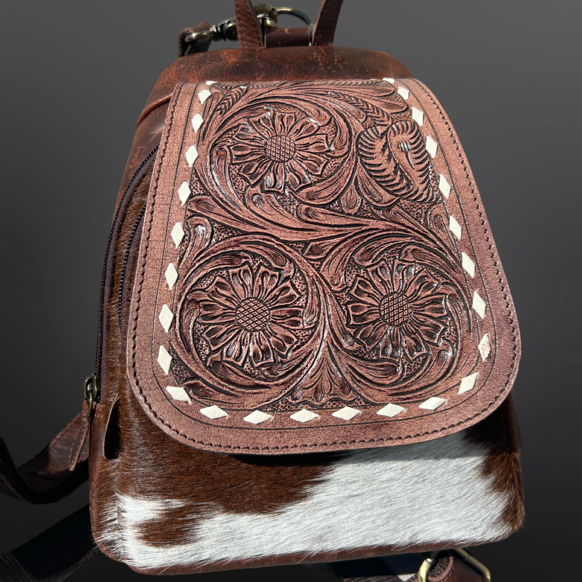 Western Tooled Leather Cowhide Mini Backpack