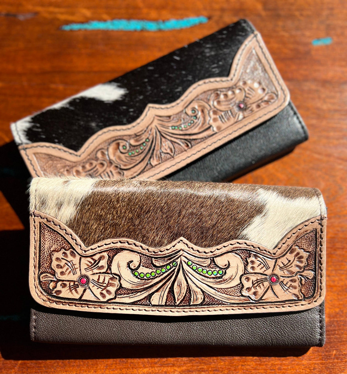 Tooled Leather Floral Cowhide Snap Close Wallet