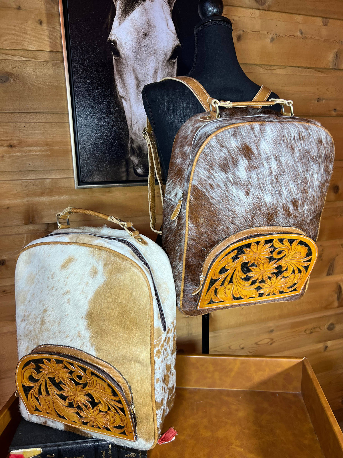 Tooled Leather & Hair On Cowhide Western Backpack