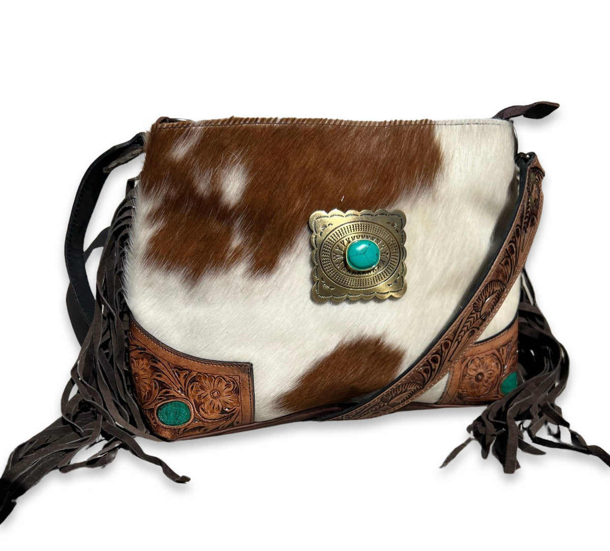 Turquoise Inlay Silver Tooled Leather Cowhide Purse