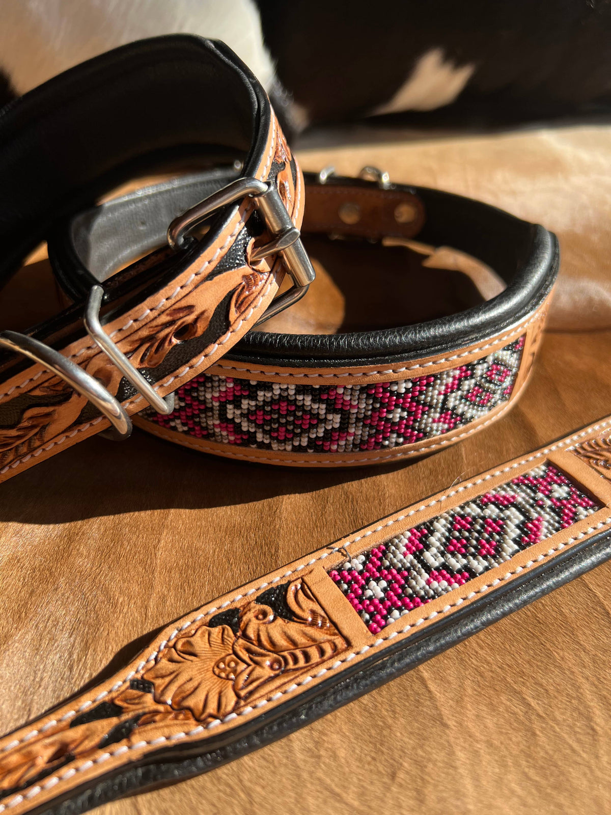 Western Equestrian Tooled Pink Leather Beaded Dog Collar