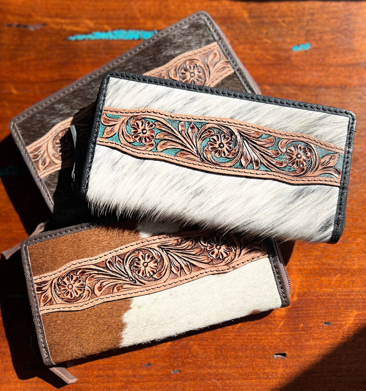 Tooled Leather Floral Cowhide Zip Close Wallet