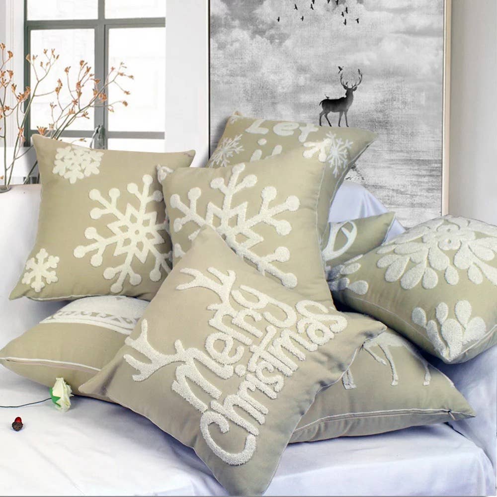 Neutral White Holiday Embroidered Christmas Pillow Santa