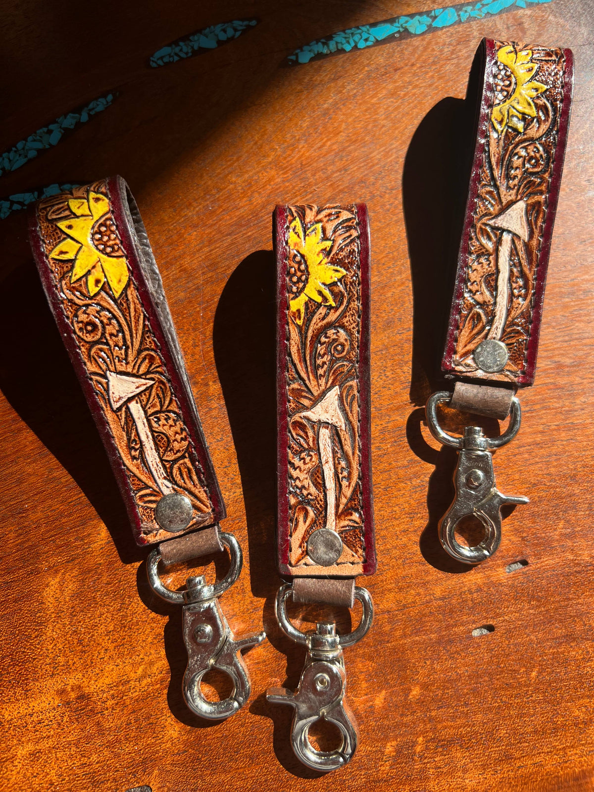 Tooled Leather Western Sunflower Keychain