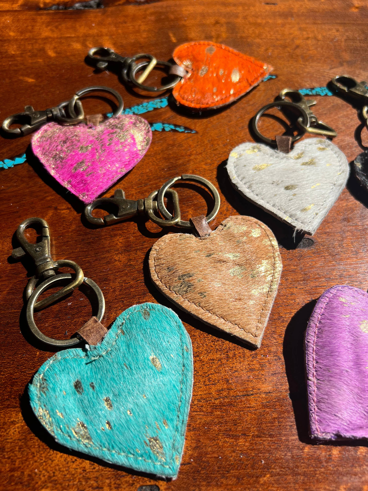 Cowhide Leather Heart Keychain Gold Fleck Western