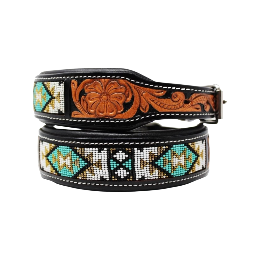 Western Tooled Leather Beaded Dog Collar Saddle Leather