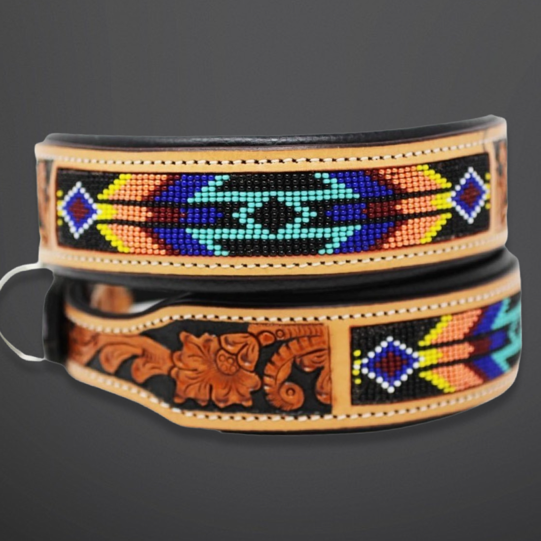 Sunset Western Equestrian Tooled Leather Beaded Dog Collar