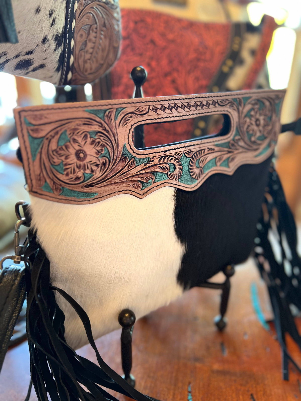 Tooled Leather Western Cowhide Fringe Clutch Purse Handbag