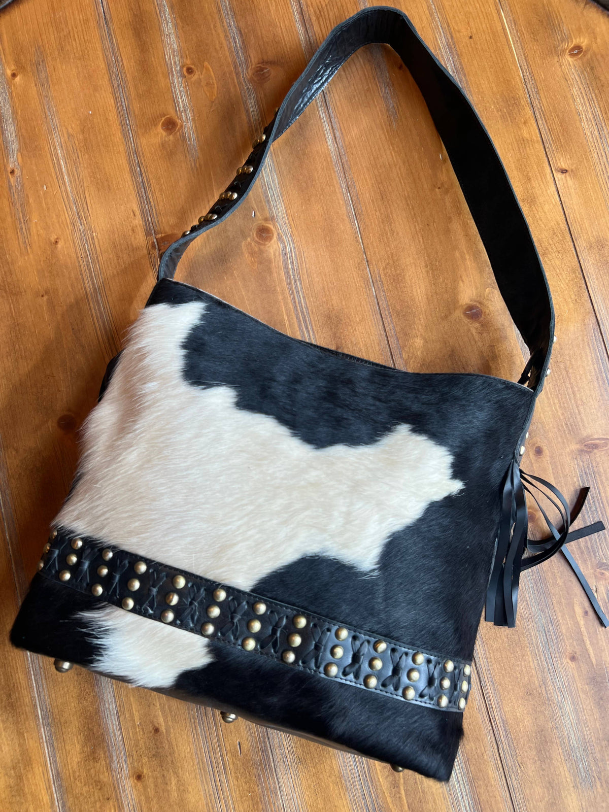 Western Cowhide Metal Stud Purse Tote